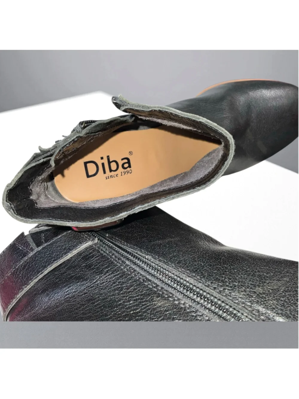 Diba Black Leather Zip Ankle Boots Buckle Strap Wood Look Wedge Heel Women Sz 8